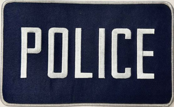 POLICE 5" X 9" PATCH - WHITE on NAVY, WHITE TRIM - SEW ON.